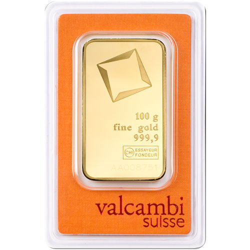 Lingot d’or Valcambi de 100 grammes sous emballage d’essai