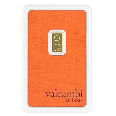 Valcambi 1 gram gold bar in assay packaging