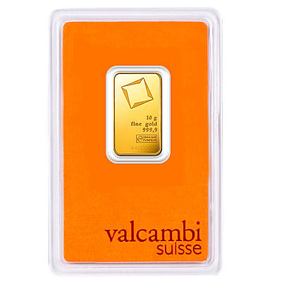 Valcambi 10 gram gold bar in assay packaging