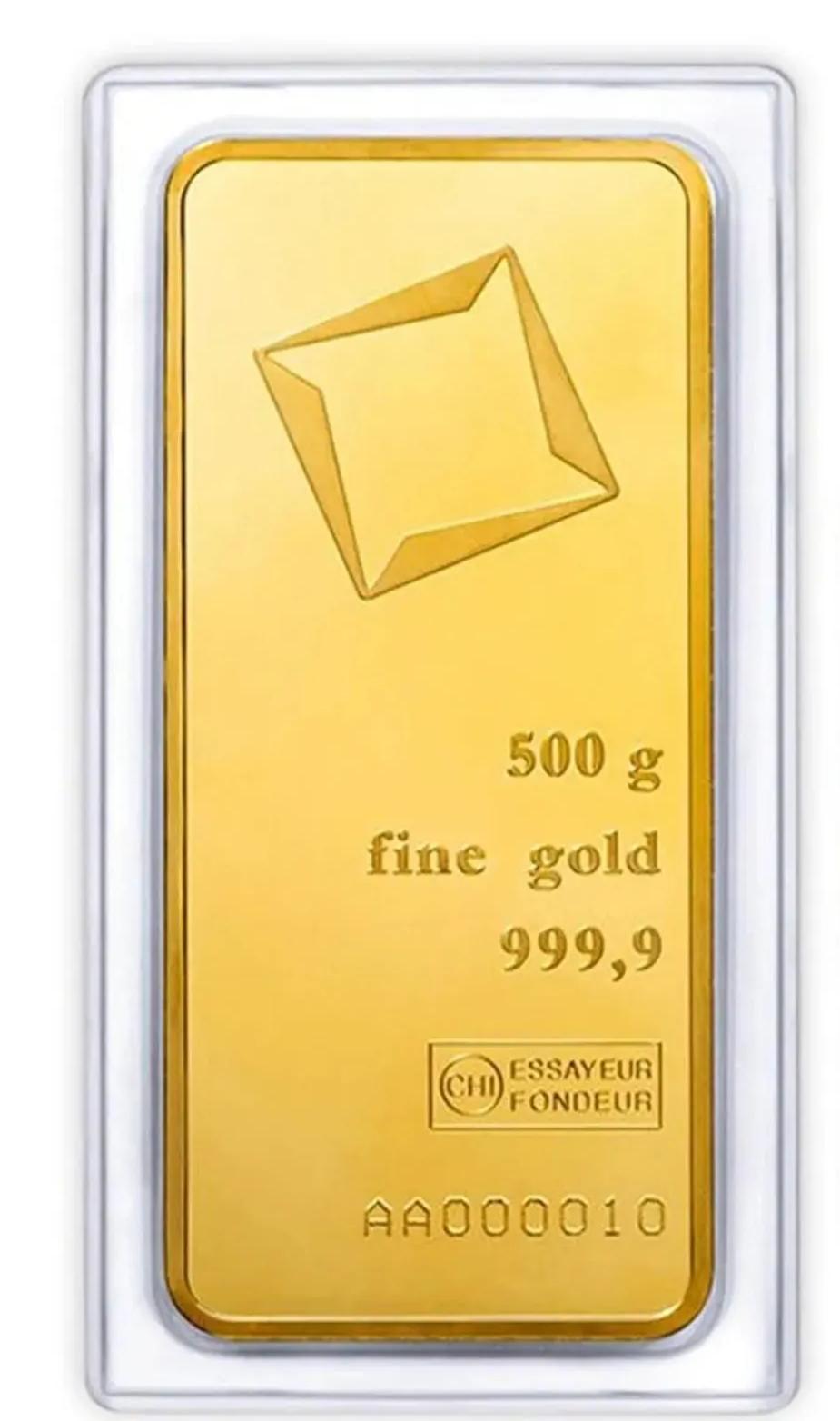 Valcambi 500 gram gold bar in assay packaging