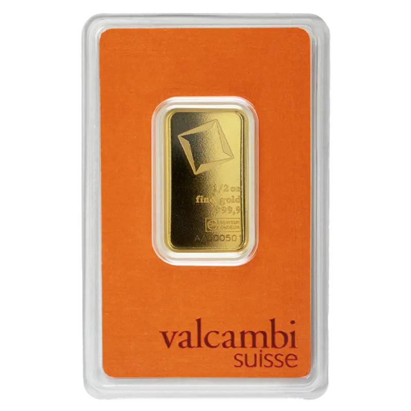 Valcambi one-half ounce gold bar in assay packaging