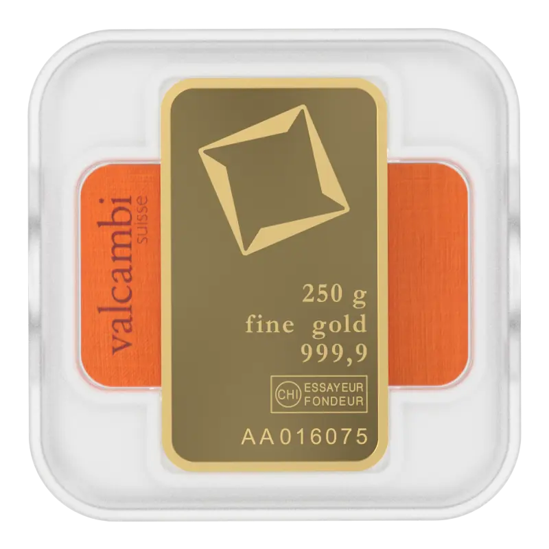 Valcambi 250 gram gold bar in assay packaging