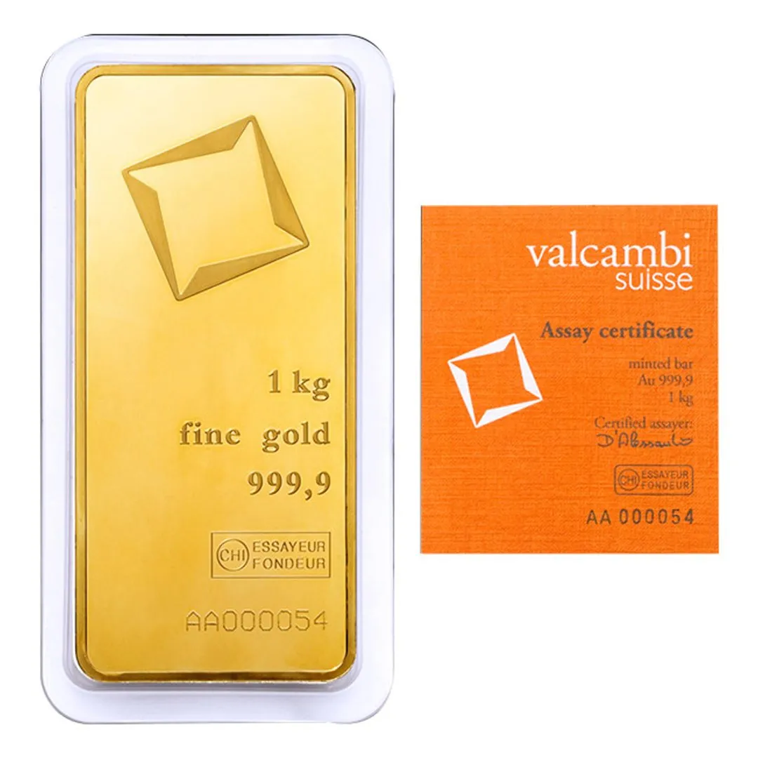 Valcambi one kilogram gold bar and assay certificate